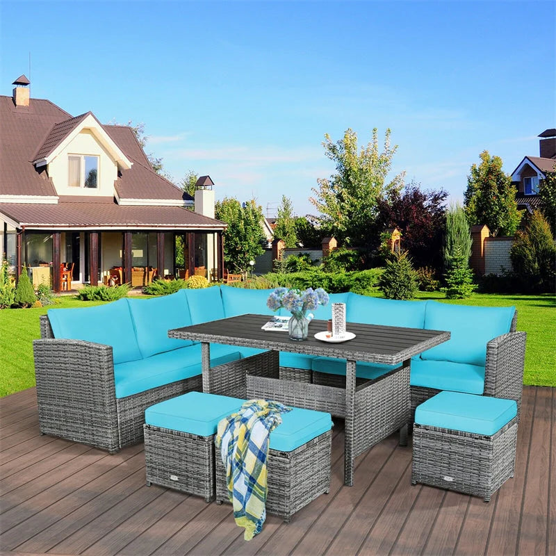 7-Piece Rattan Patio Dining Set With 3 Corner Chairs, 3 Ottomans And Table