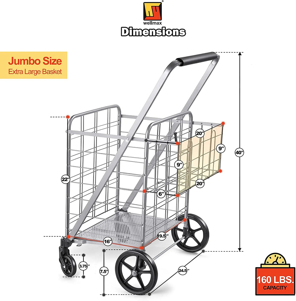 Wellmax Folding Metal Grocery Shopping Cart With Wheels, 31 x 24.5 x 40 Inches - WM99028S