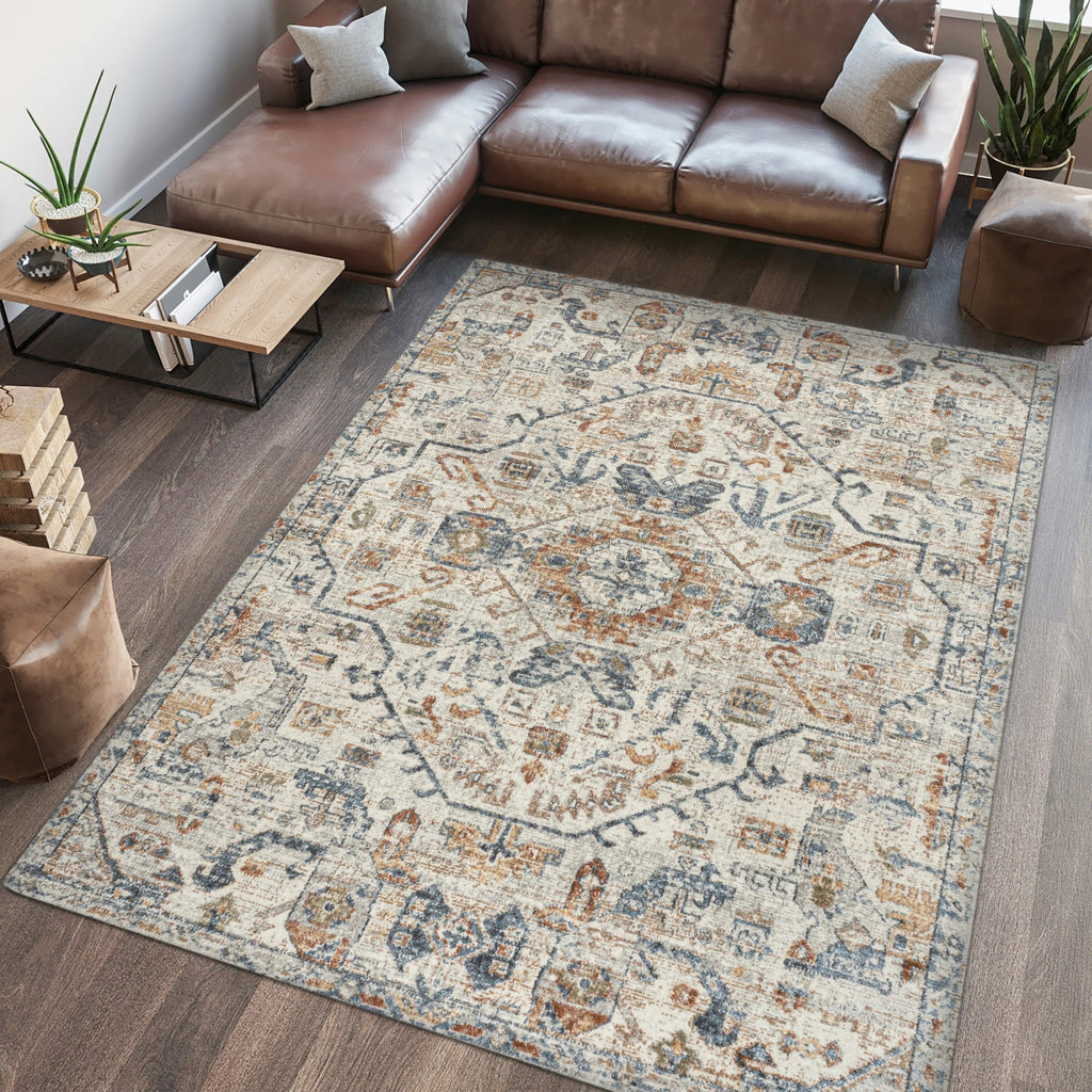 Bohemian Medallion Low-Pile Machine-Washable Area Rug, Cream And Terra
