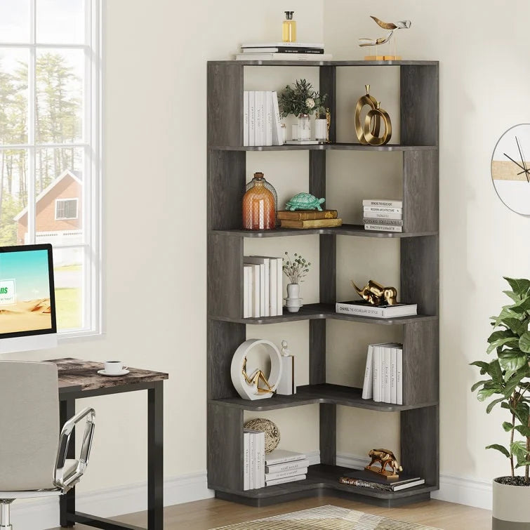 6-Tier Corner Bookshelf, 64.9 Inch Tall, Freestanding Wood Industrial Bookcase