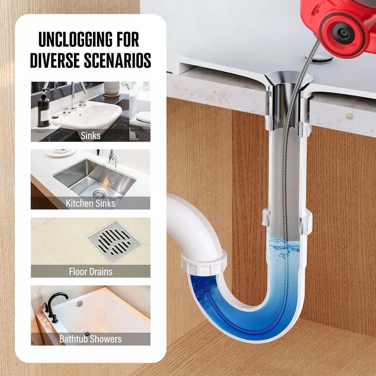 POPULO 20V Cordless Electric Drain Auger, 25 Ft Auto-Feed, 2.0Ah Battery, 3/4 in-2 in Pipes