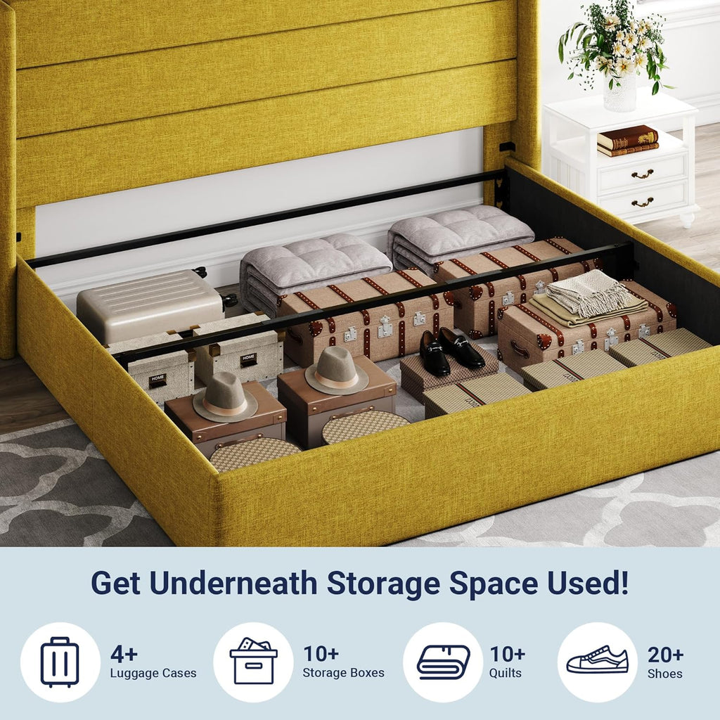Queen Size Lift-Up Storage Bed With Wingback Headboard, Upholstered Platform Bed Frame With Hidden Storage