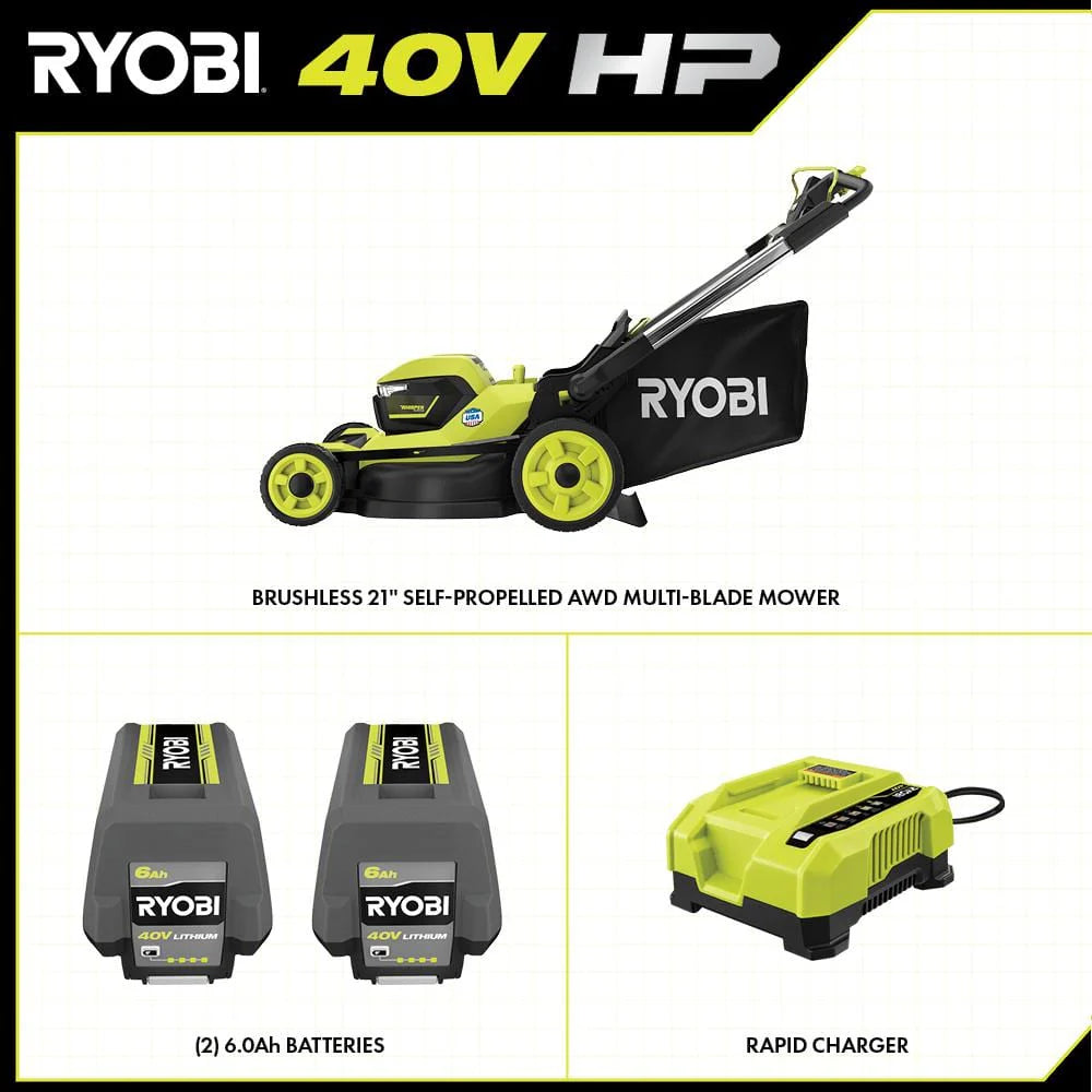 Ryobi 40V HP Brushless 21-in Self-Propelled AWD Lawn Mower With (2) 6.0Ah Batteries And Charger - RY401021