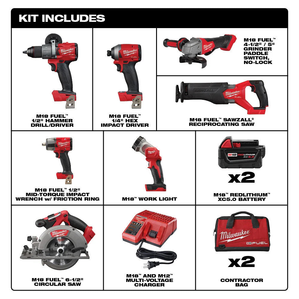 Milwaukee M18 FUEL 18V Brushless Cordless 7-Tool Combo Kit With Two 5.0 Ah Batteries