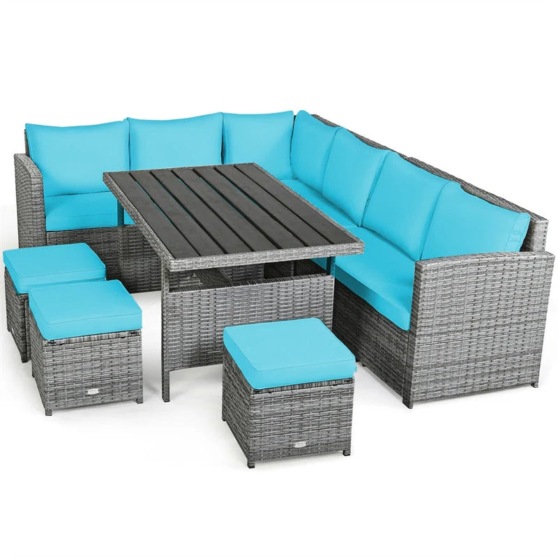 7-Piece Rattan Patio Dining Set With 3 Corner Chairs, 3 Ottomans And Table