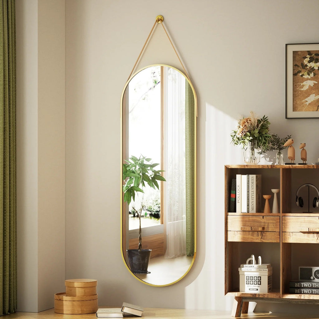 Full Length Wall Mirror, 48 x 16 Inch, Black, Leather Strap