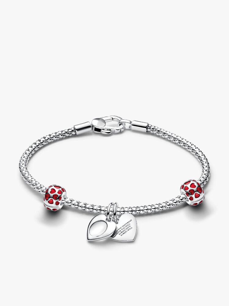 Engravable Double Heart Charm Bracelet Set