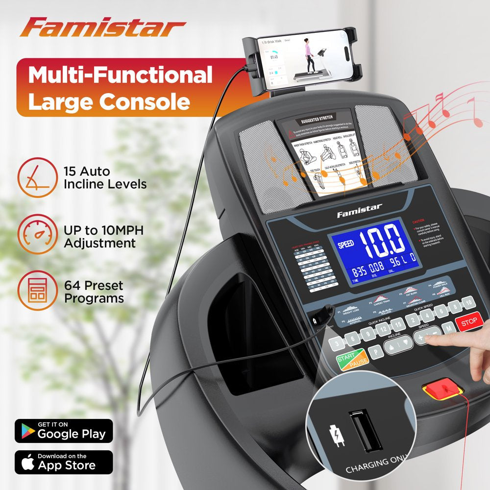 Famistar Folding Treadmill With 15 Levels Auto Incline, 300LB Capacity And 10MPH Speed
