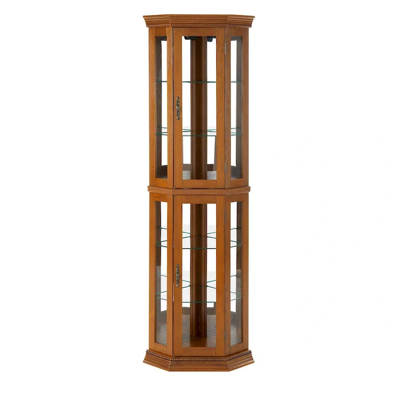 Corner Curio Display Cabinet With Lights, Mirrored Back And 6 Tempered Glass Shelves
