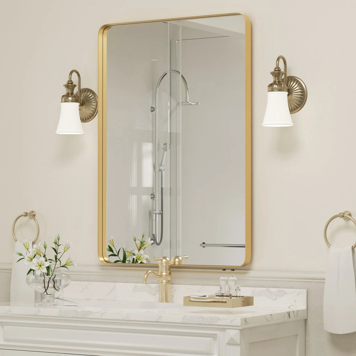 Framed Wall Vanity Mirror With Rounded Corners, 1 Piece