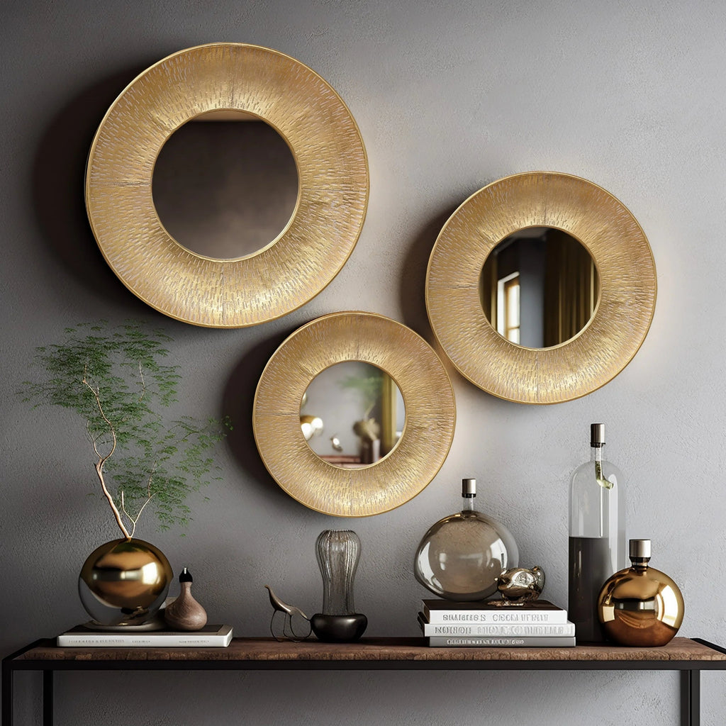 3-Piece Gold Metal Round Wall Mirror Set - 22.25" x 2.36", 19.7" x 2.25", 15.4" x 2.25"