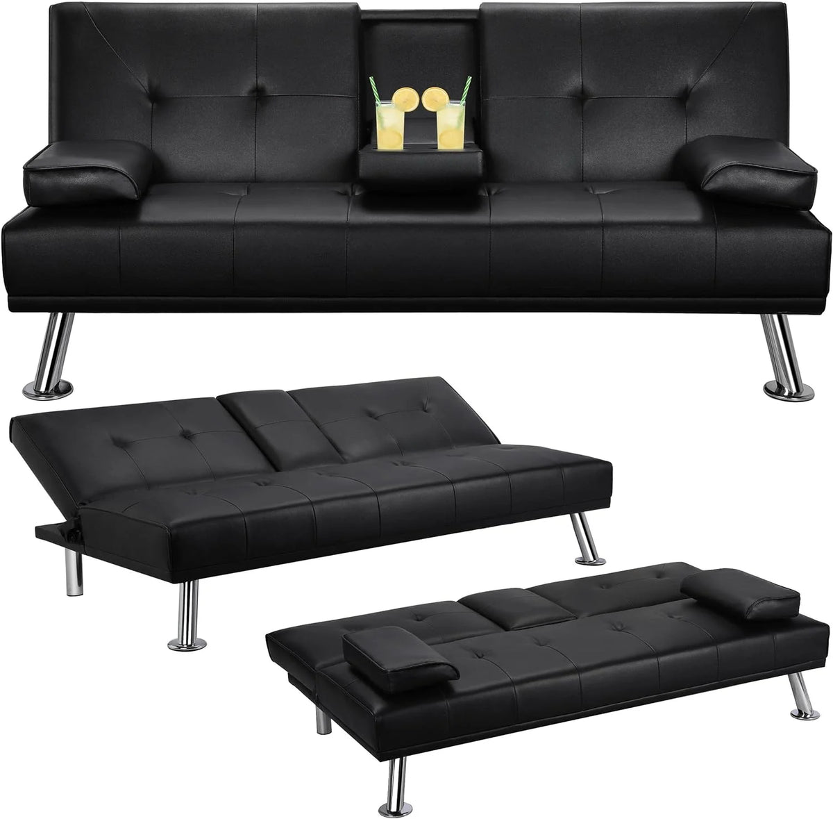 Yaheetech Convertible Faux Leather Sofa Bed, 3 Angles, 772lb Capacity, Black
