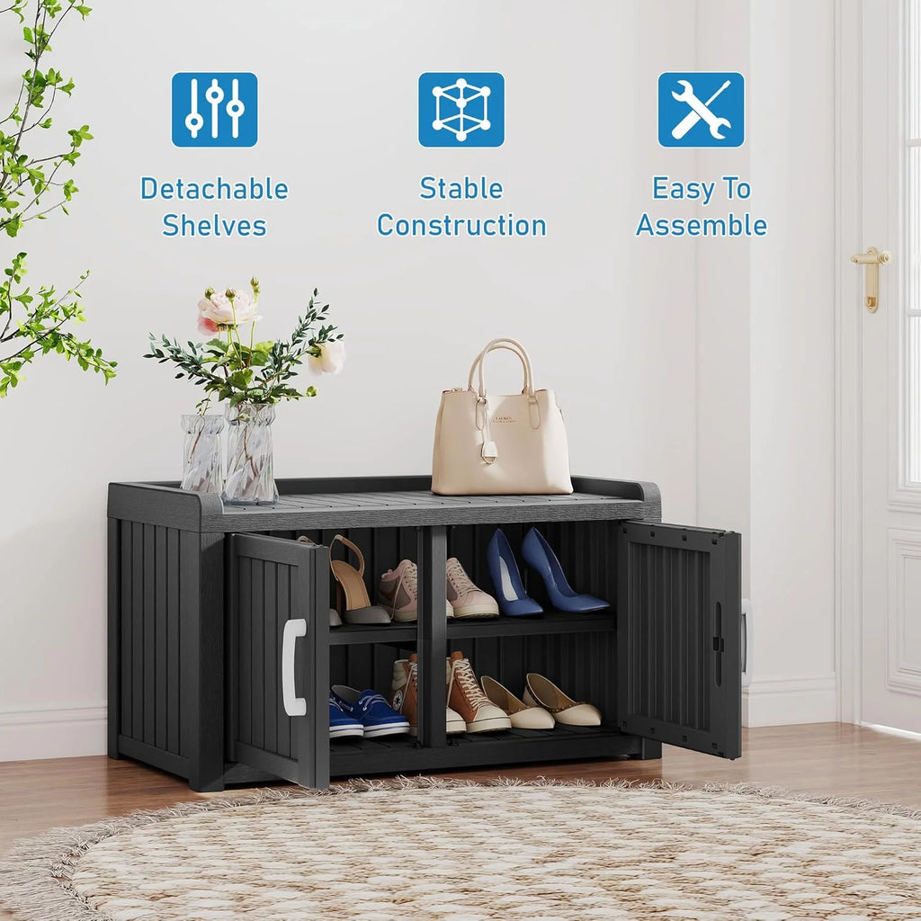KAMABOKO Outdoor Shoe Storage Cabinet, Black, 2 Doors