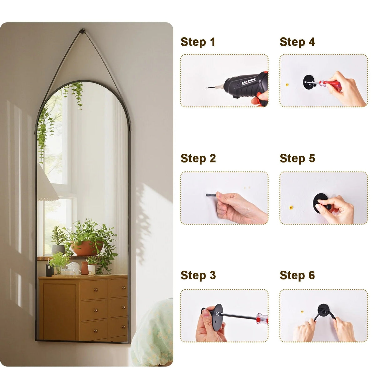 Full Length Wall Mirror, 48 x 16 Inch, Black, Leather Strap