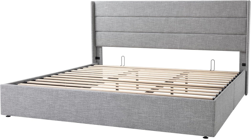 Queen Size Lift-Up Storage Bed With Wingback Headboard, Upholstered Platform Bed Frame With Hidden Storage