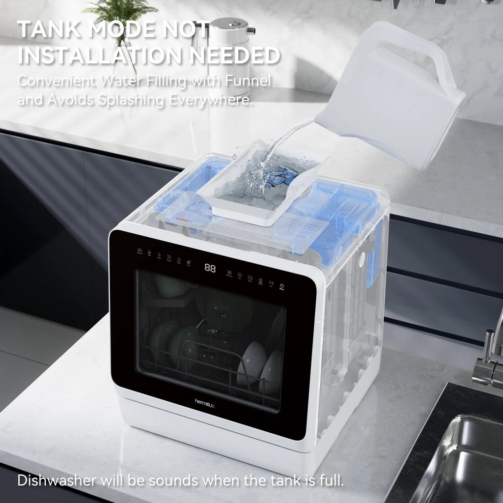 Hermitlux Portable Countertop Dishwasher, 5L Built-In Water Tank, 4 Place Settings - HMX-DW03