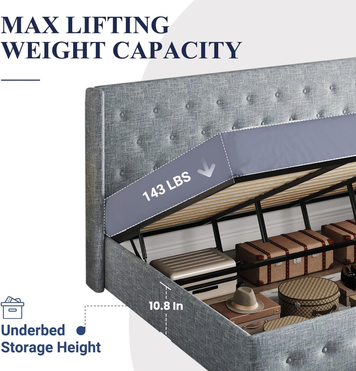 Queen Size Lift-Up Storage Bed With Wingback Headboard, Upholstered Platform Bed Frame With Hidden Storage