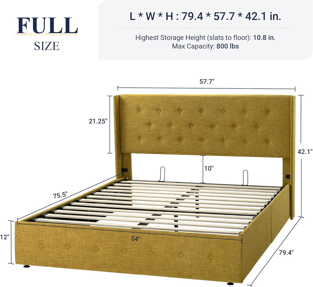 Queen Size Lift-Up Storage Bed With Wingback Headboard, Upholstered Platform Bed Frame With Hidden Storage