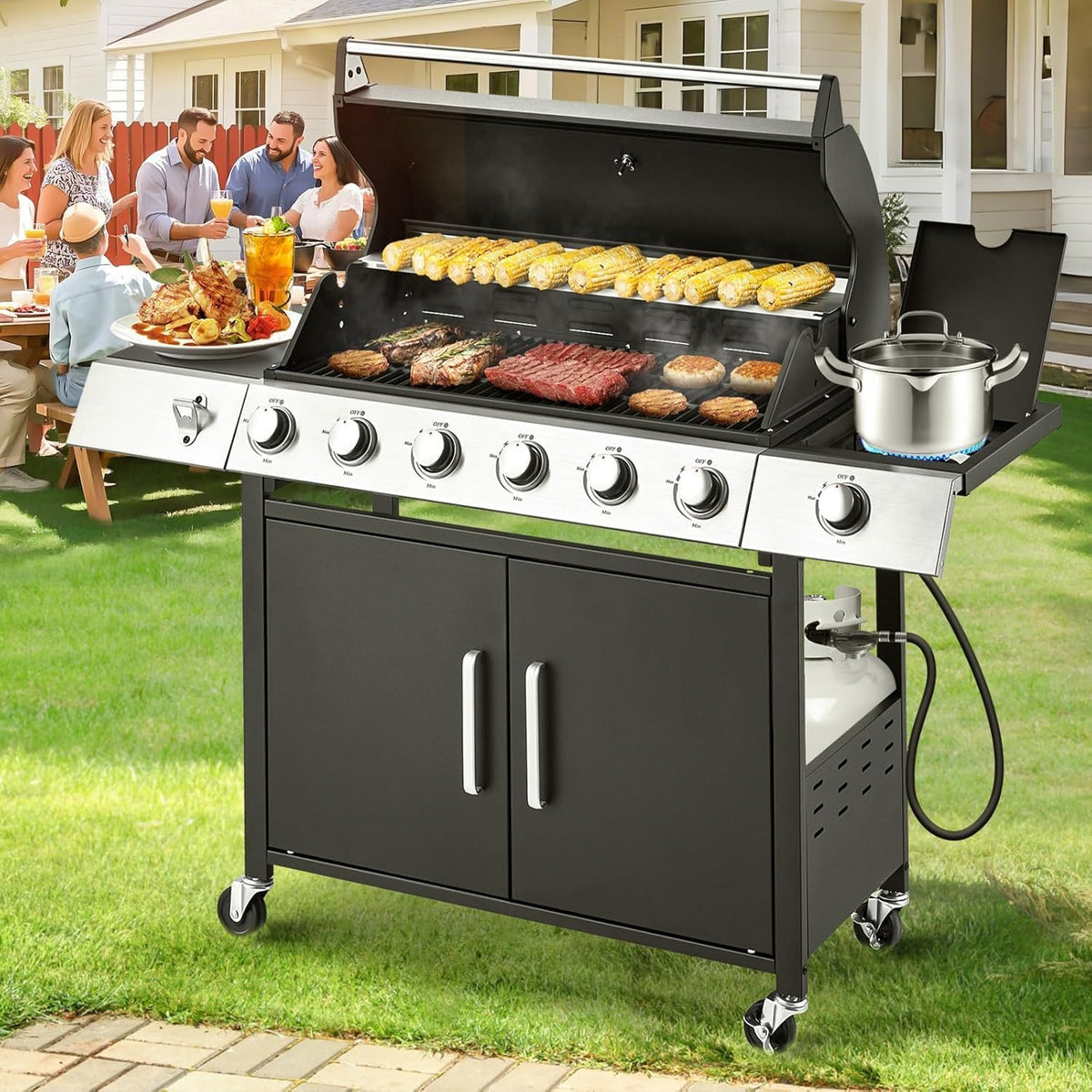 MELLCOM 4 Burner Propane Gas Grill With Cast Iron Grates And Side Stove, 44,000 BTU, Black - BBQ-4+1