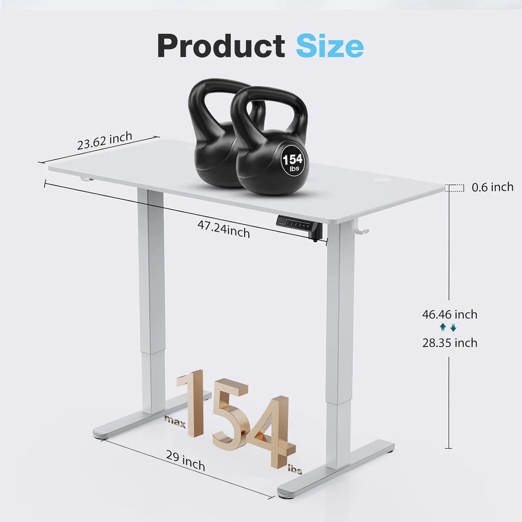 Electric Standing Desk 48 x 24 Inch Adjustable Height White With 3 Memory Controller