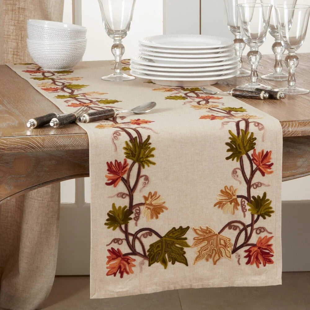 Embroidered Fall Leaf Table Runner 16x72 Inch - Beige