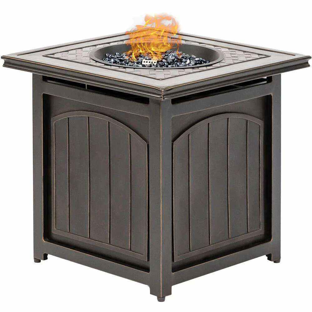 Hanover Orleans 5-Piece Steel Patio Fire Pit Conversation Set With Navy Blue Cushions, Swivel Gliders And Square Fire Pit Table