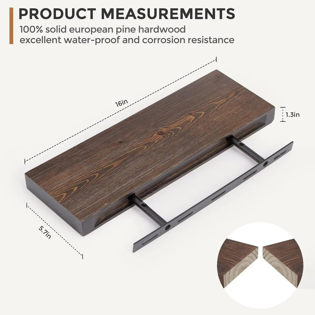 Set Of 2 Handcrafted European Pine Floating Wall Shelves, 16inch/24inch/36inch, Grey/Espresso/Walnut