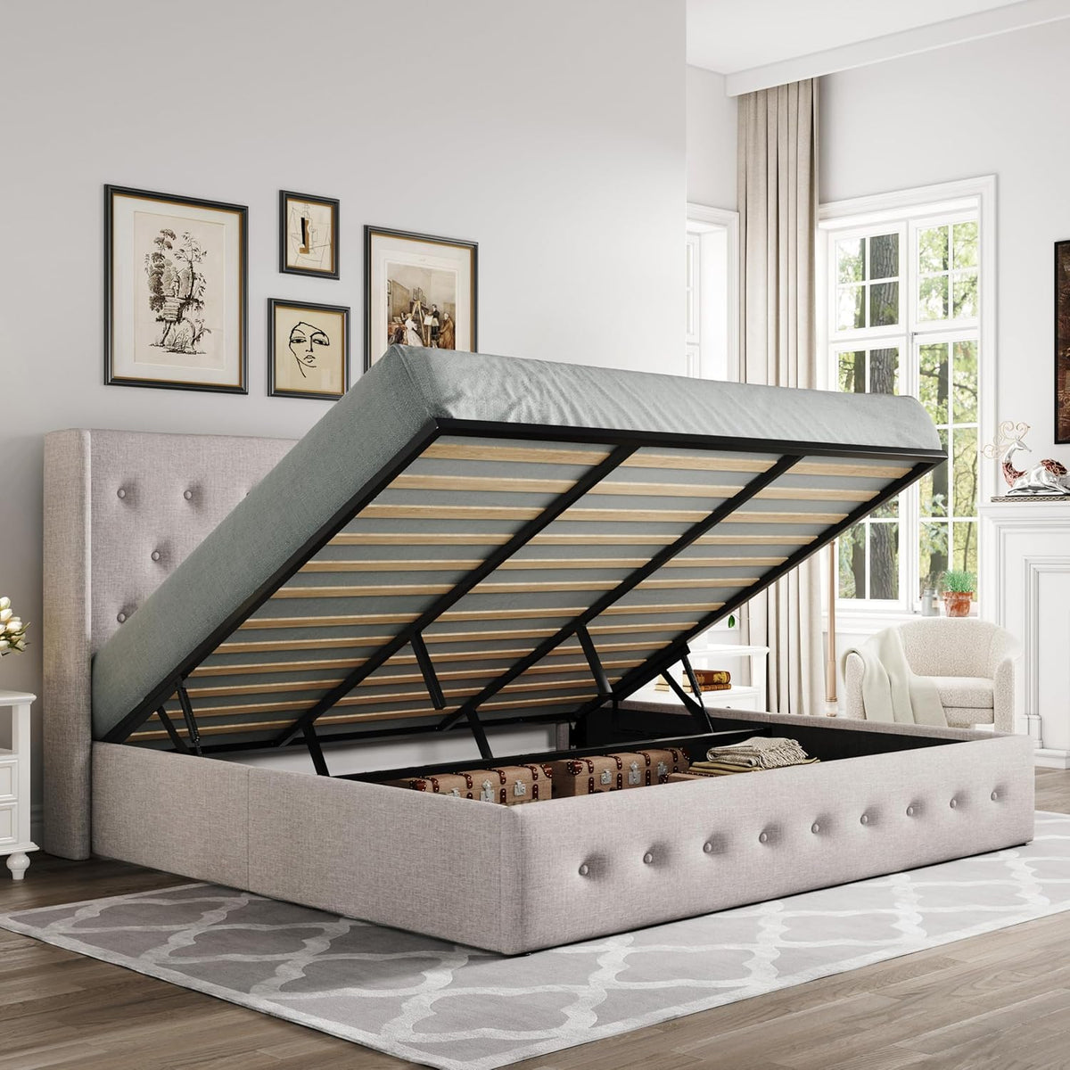 Queen Size Lift-Up Storage Bed With Wingback Headboard, Upholstered Platform Bed Frame With Hidden Storage