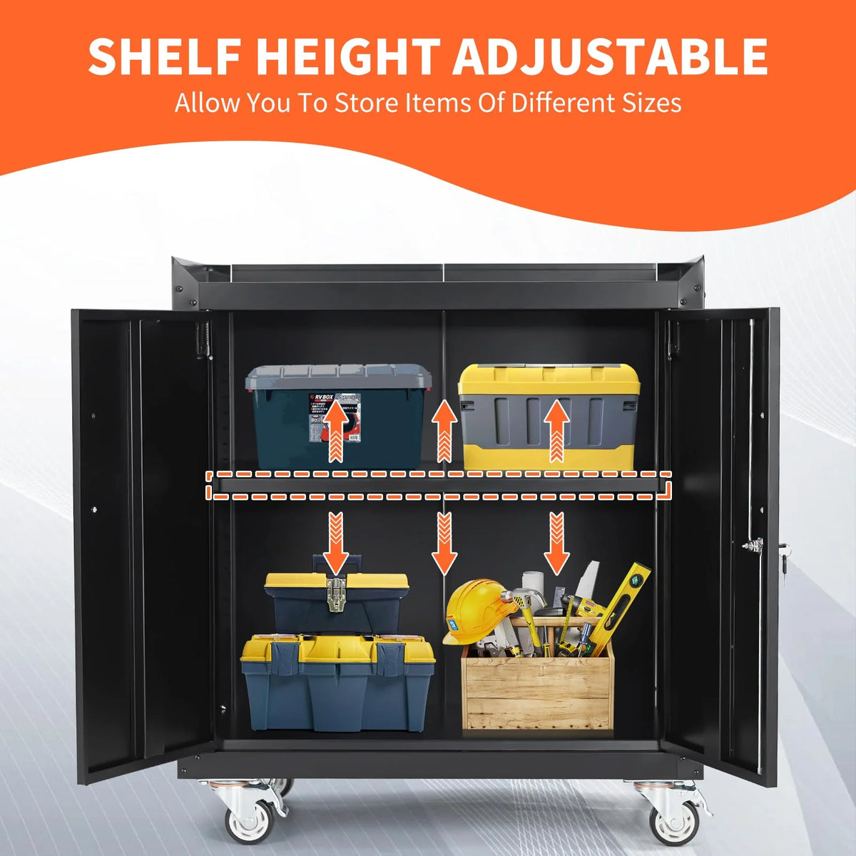 Lockable Metal Garage Storage Cabinet With Wheels, 2 Doors, 34 H X 30.3 L X 18 W - Garage Storage Cabinets