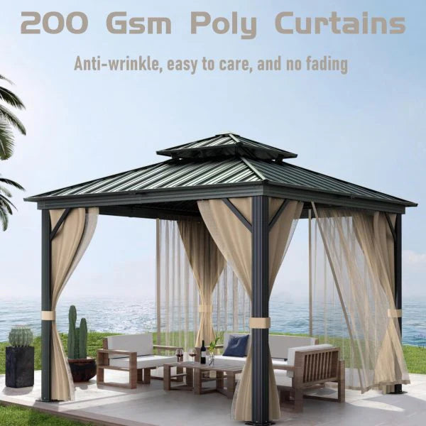 10x10 Hardtop Gazebo With Double Metal Roof, Aluminum Frame, Net And Curtain - Khaki