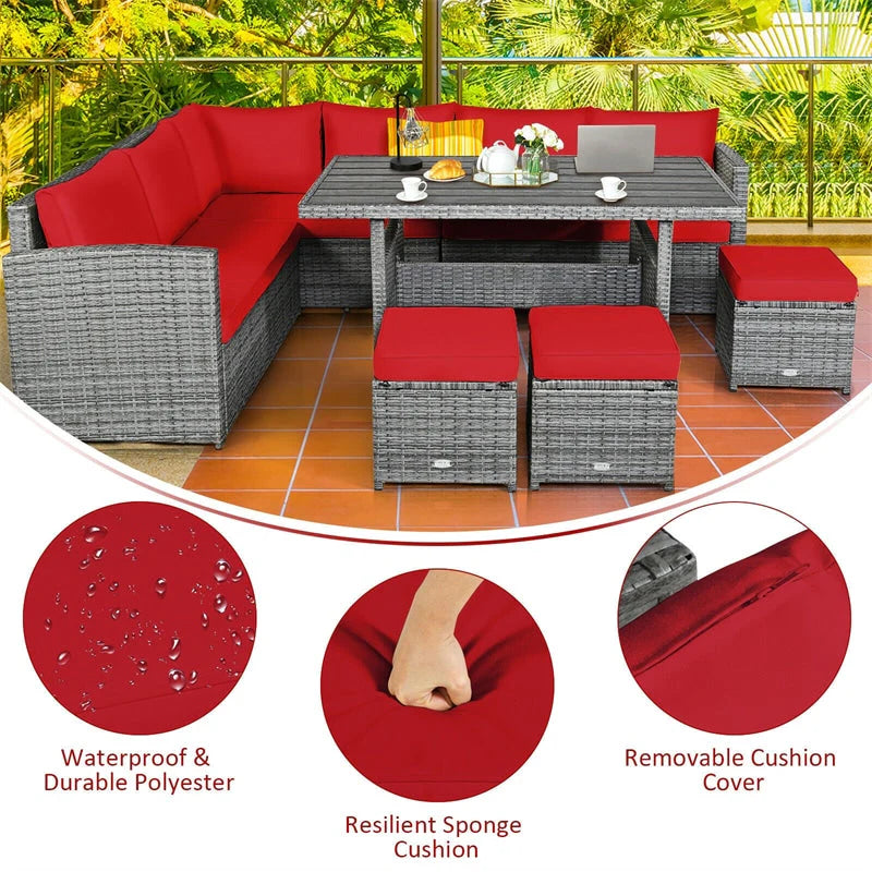 7-Piece Rattan Patio Dining Set With 3 Corner Chairs, 3 Ottomans And Table