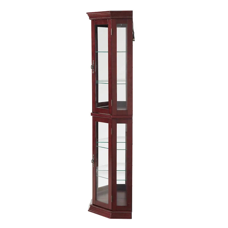 Corner Curio Display Cabinet With Lights, Mirrored Back And 6 Tempered Glass Shelves
