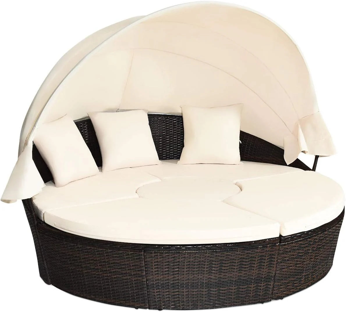 Rattan Round Outdoor Daybed With Retractable Sunshade Canopy, Cushions And Lift-Top Coffee Table