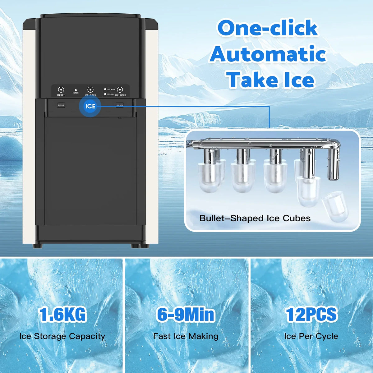 Advwin 3-in-1 Countertop Ice Maker With Cold Water Dispenser And Ice Crusher, 6L, 20kg/24hr