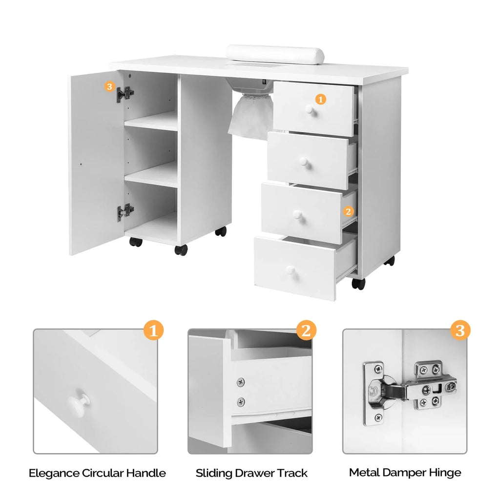OmySalon Manicure Table Nail Desk With Electric Dust Collector, 4 Drawers, 3-Layer Cabinet