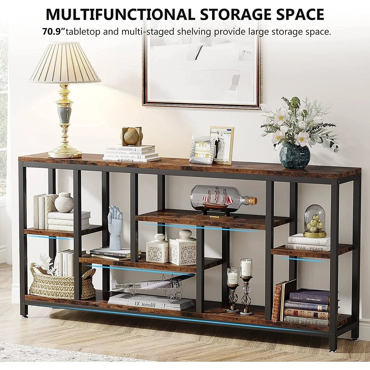 3-Tier Console Sofa Table With Storage, 70.9 Inch