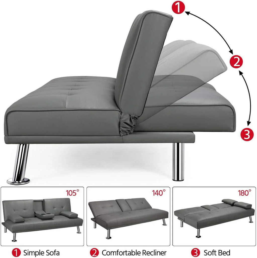 Yaheetech Convertible Faux Leather Sofa Bed, 3 Angles, 772lb Capacity, Black