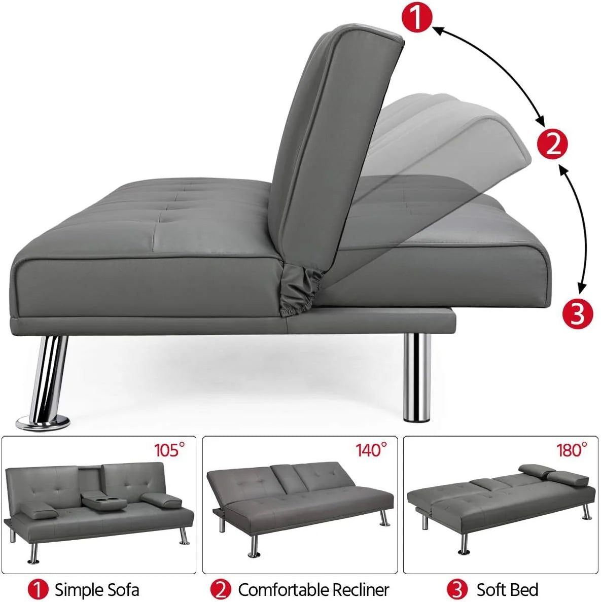 Yaheetech Convertible Faux Leather Sofa Bed, 3 Angles, 772lb Capacity, Black