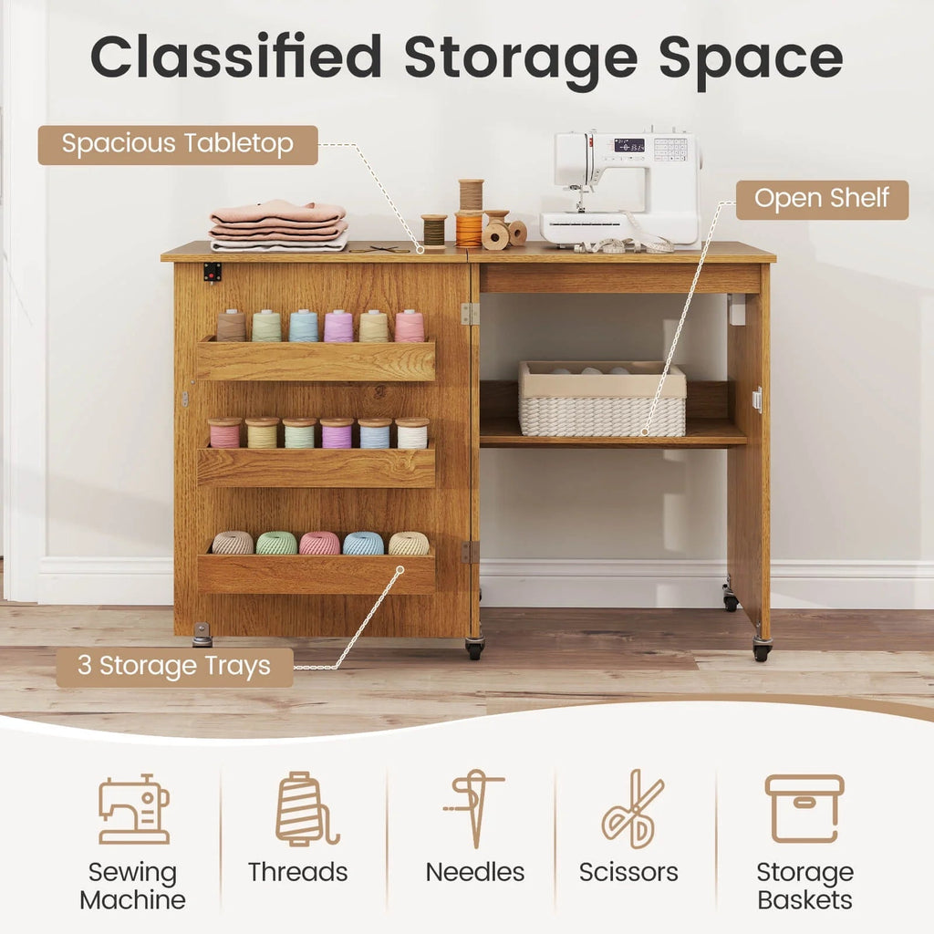 Costway Folding Sewing Table With 3 Storage Bins And Charging Station, Natural
