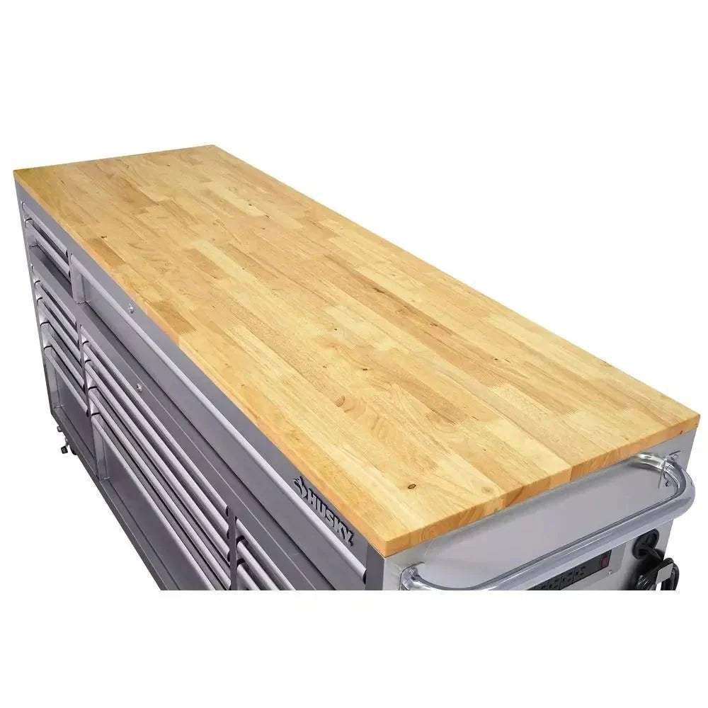72 in. 18-Drawer 24 in. D Mobile Workbench With Solid Wood Top - Stainless Steel