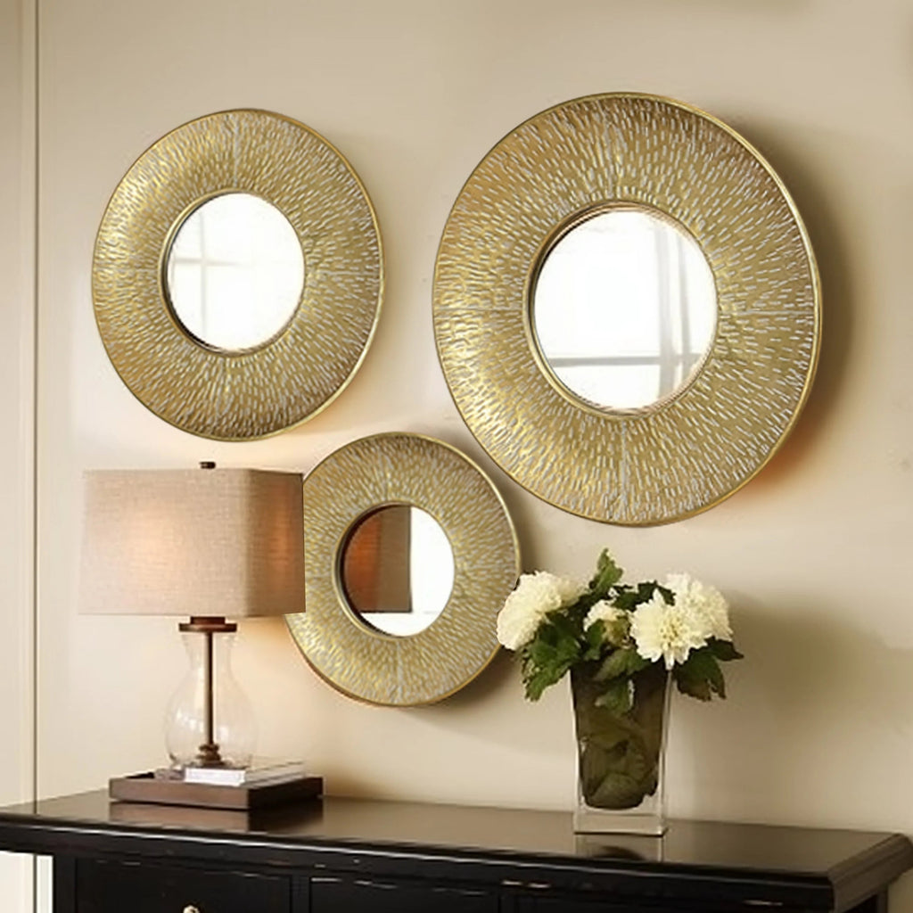 3-Piece Gold Metal Round Wall Mirror Set - 22.25" x 2.36", 19.7" x 2.25", 15.4" x 2.25"