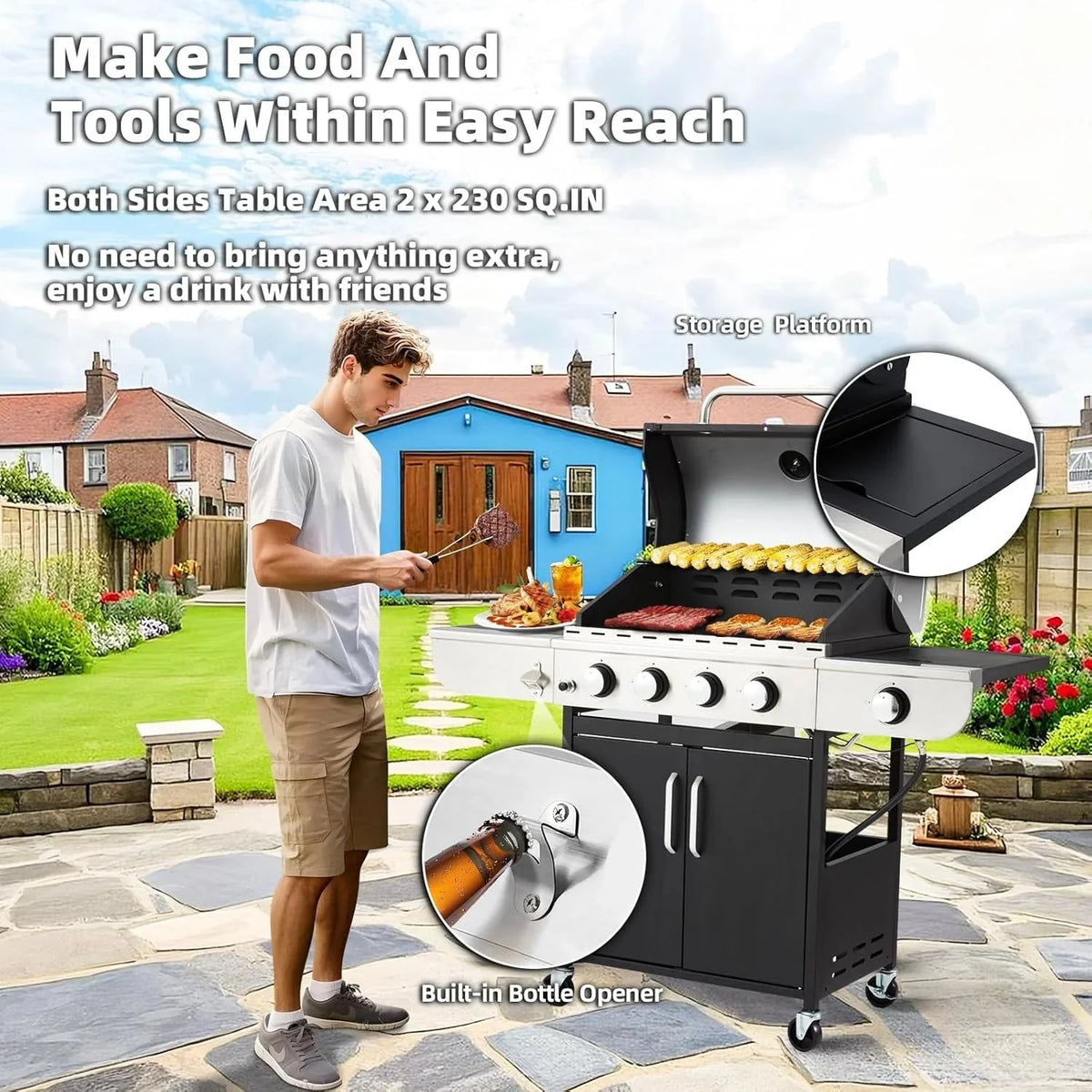 MELLCOM 4 Burner Propane Gas Grill With Cast Iron Grates And Side Stove, 44,000 BTU, Black - BBQ-4+1