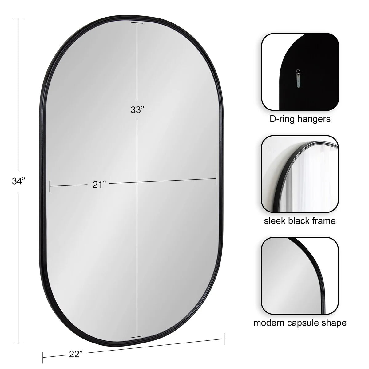 Capsule Framed Wall Mirror, 16x48, 18x24, 22x34, 24x36, Black, Bronze, Gold, Gray, Silver, Antique-Bronze