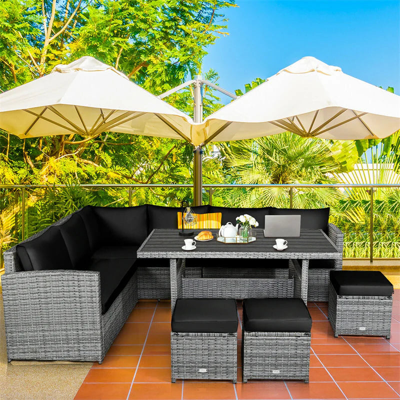 7-Piece Rattan Patio Dining Set With 3 Corner Chairs, 3 Ottomans And Table