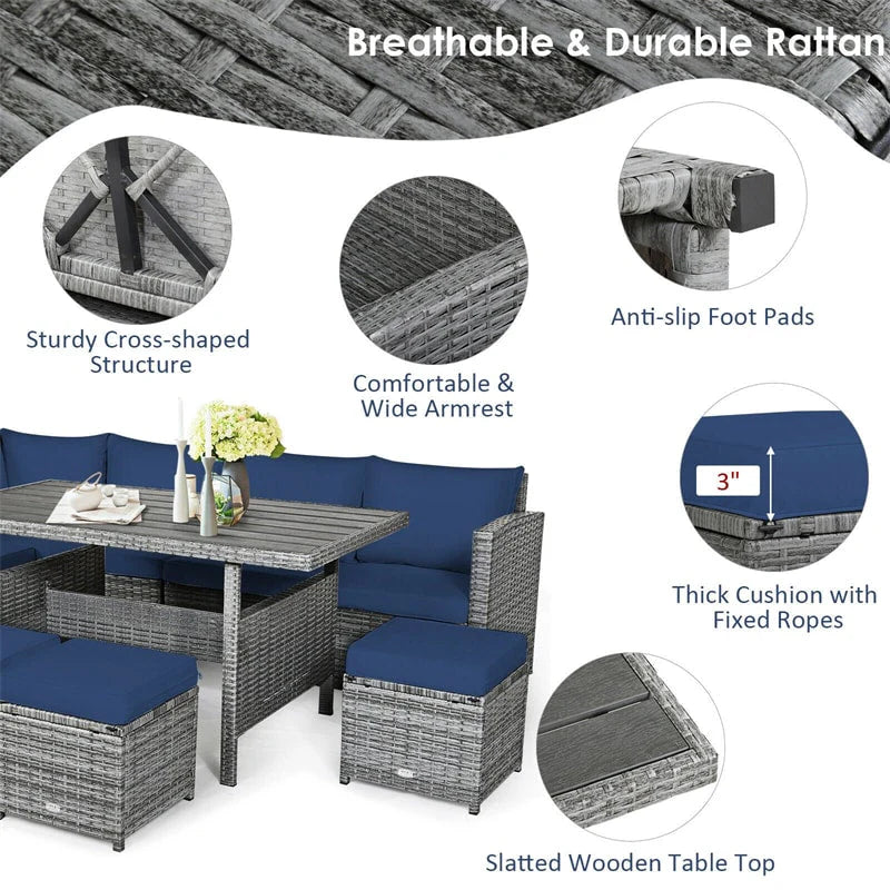 7-Piece Rattan Patio Dining Set With 3 Corner Chairs, 3 Ottomans And Table