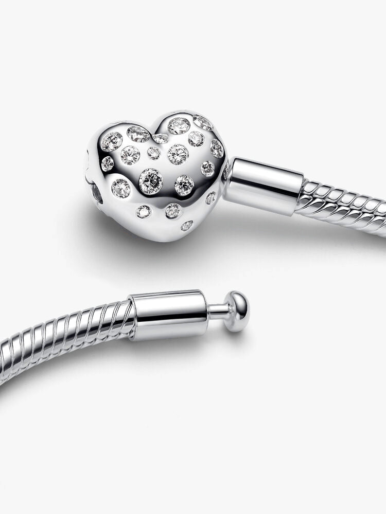 Pandora Sterling Silver Lab-grown Diamond Heart Clasp Snake Chain Bracelet