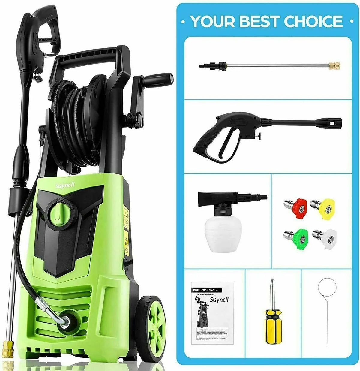 Suyncll Electric Cold Water Pressure Washer 3000 PSI 2.4 GPM Blue/Green