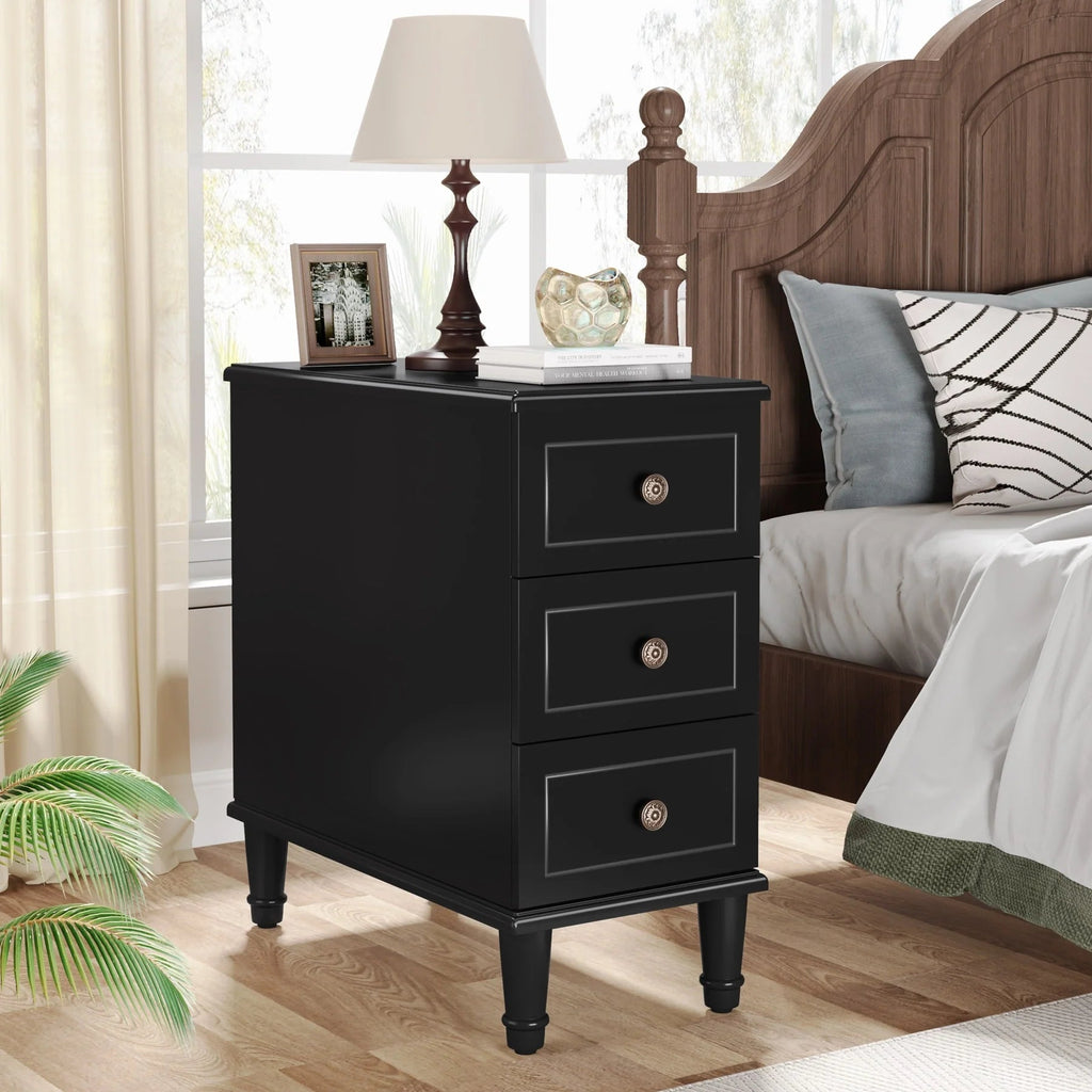 Solid Wood Narrow End Table With 3 Drawers - Fully Assembled