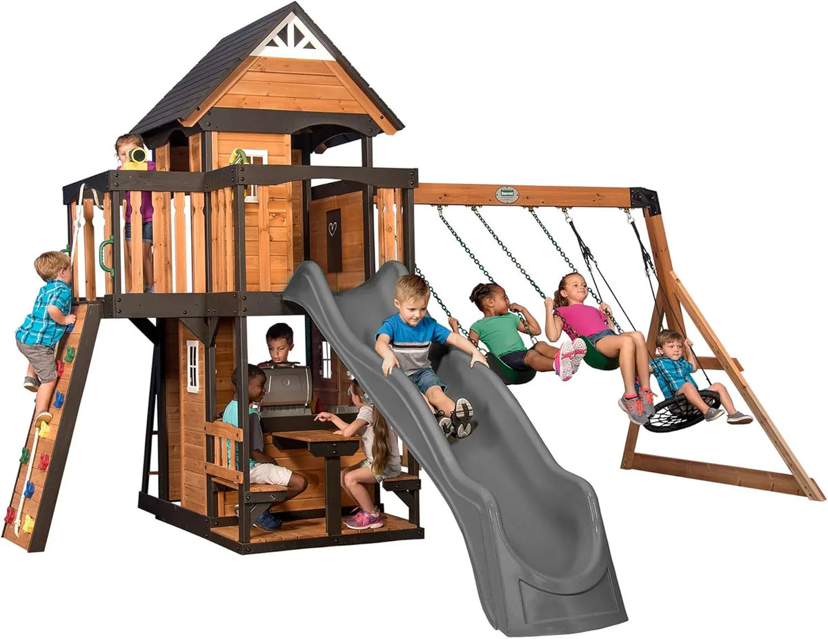 Backyard Discovery Cedar Wood Swing Set With Wave Slide, Clubhouse, Play Kitchen, Belt And Web Swings - Canyon Creek