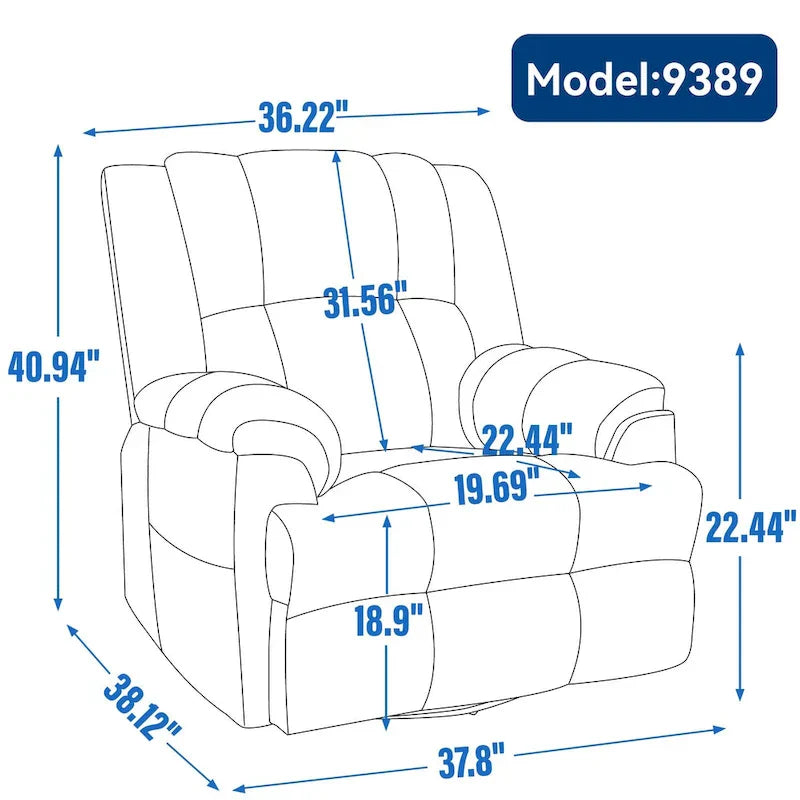 Lazy Boy Oversized Fabric Swivel Rocking Manual Recliner Chair, 37.8L*38.2W*41H, 155 Degrees
